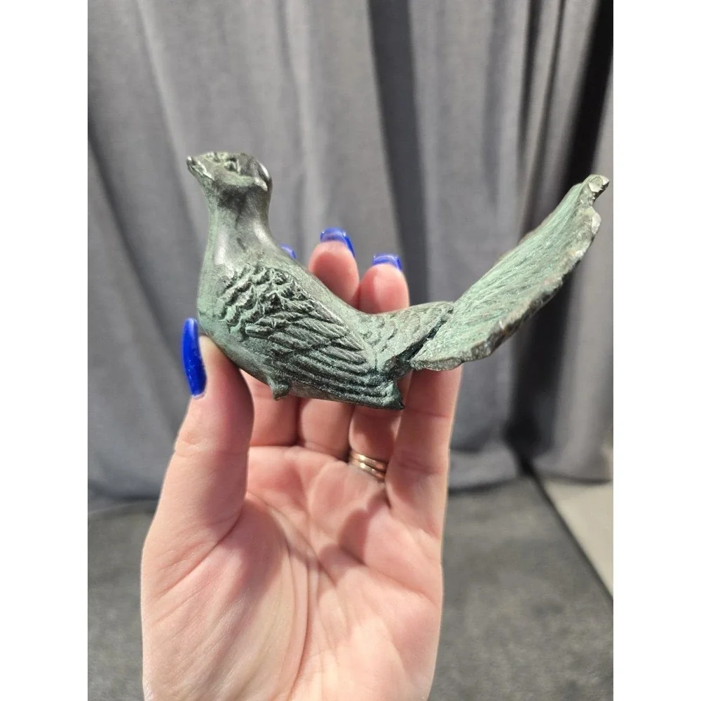 Vintage Solid Brass Pheasant Figurine Green Patina Game Bird Statue Rustic Cabin